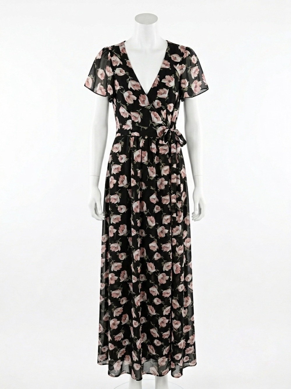 Floral Black Wrap Maxi Dress with Pink Print Size Small Boho Festival ShabbyChic